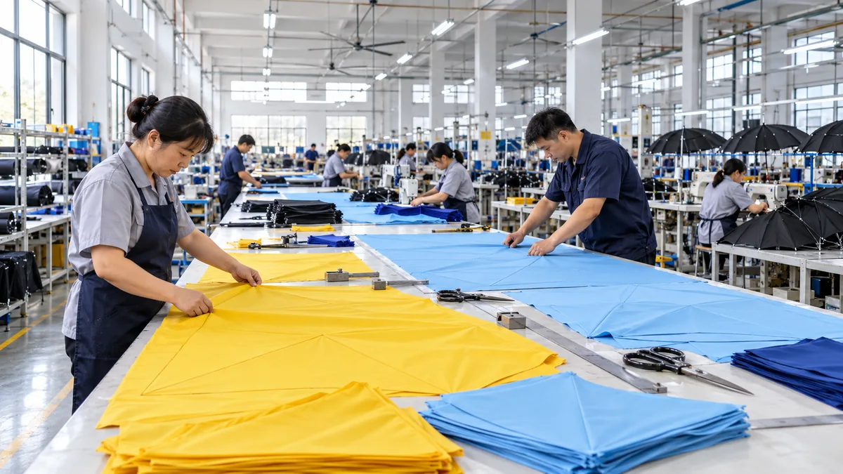 Workers cutting umbrella canopy panels in Tianshuo factory