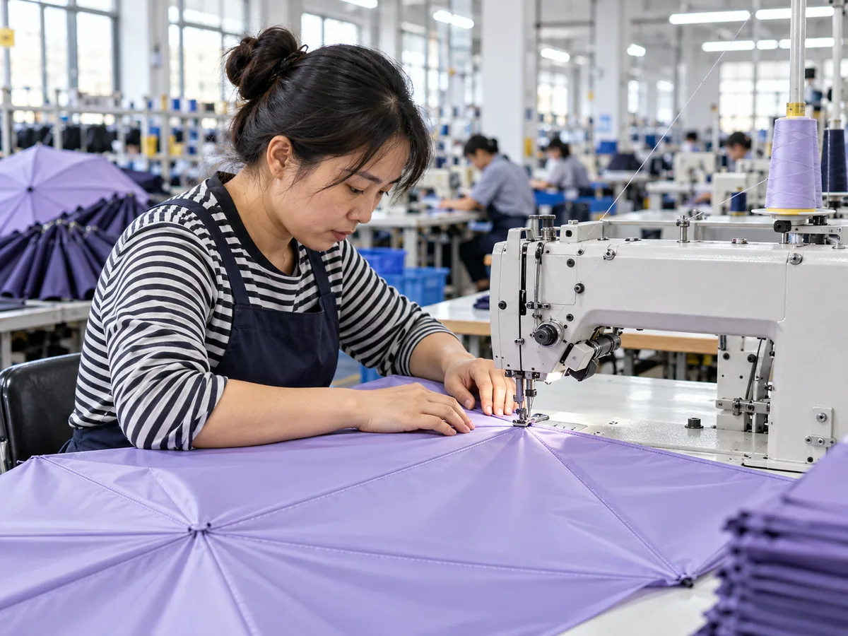 Worker sewing umbrella canopy fabric
