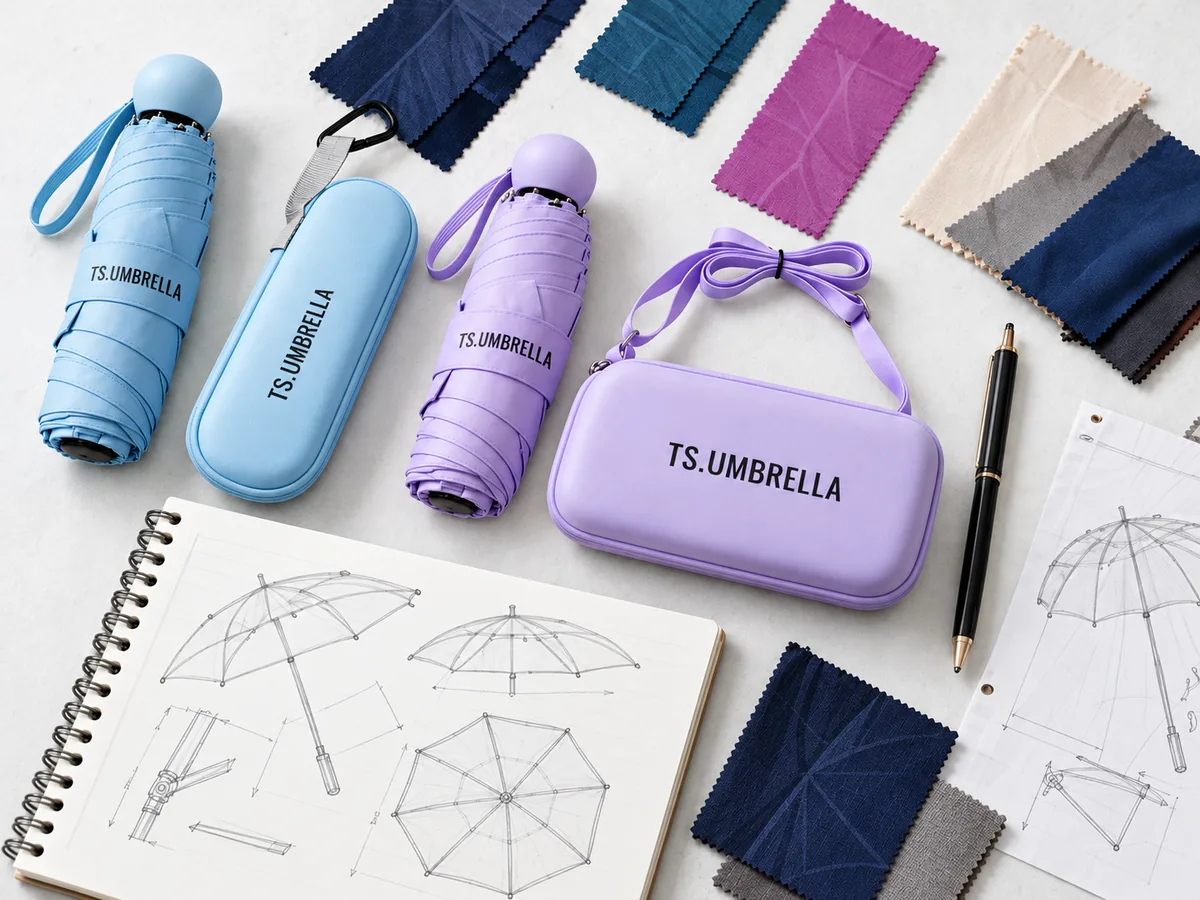 Branded umbrella design, fabric color swatches and custom packaging